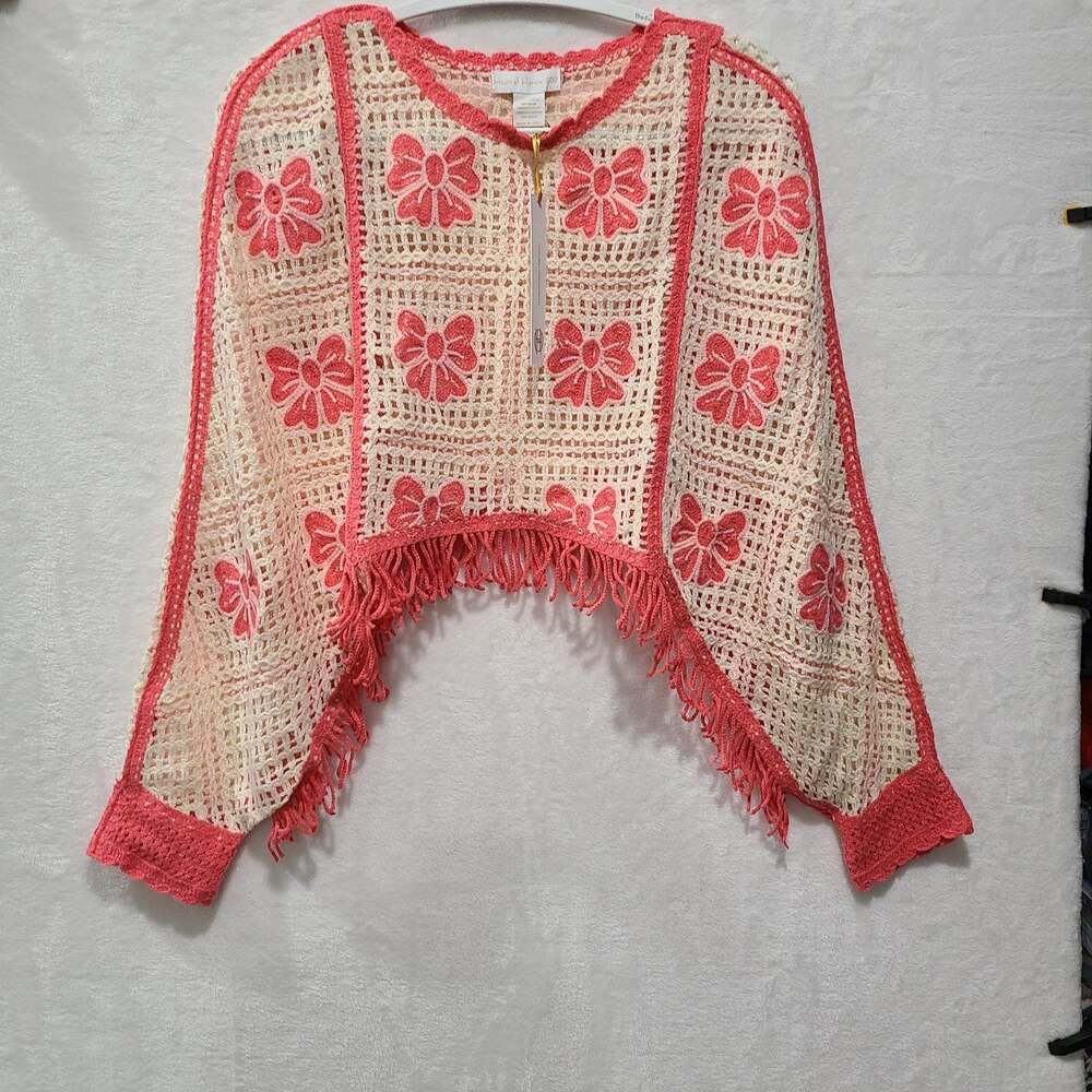 House of Harlow 1960 Crochet Bow Fringe Poncho Sweater Shrug Pink Cream NWT OS